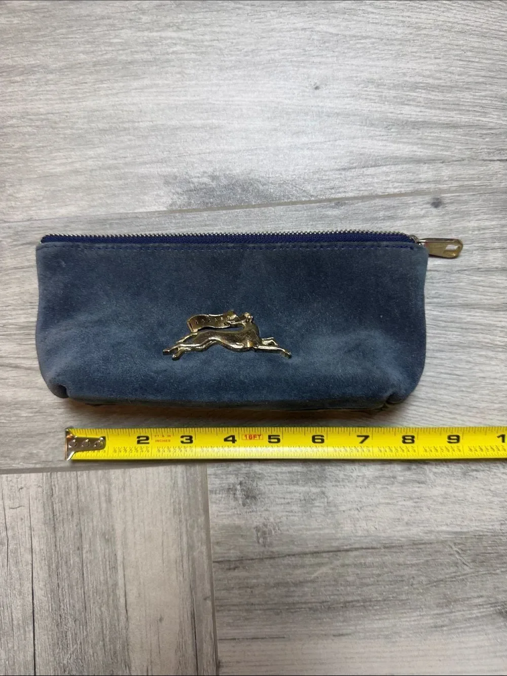 Navy Lazaro Suede Zip Pouch with Gold Hare Emblem